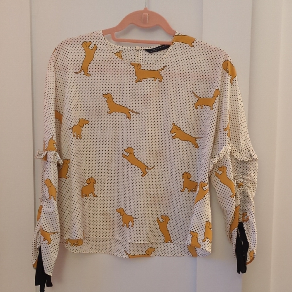 Dachshund Print Blouse with Polka Dots